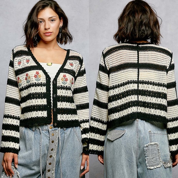 POL Sweaters - NEW POL Black Granny Square Crochet Open Front Boho Cardigan OS